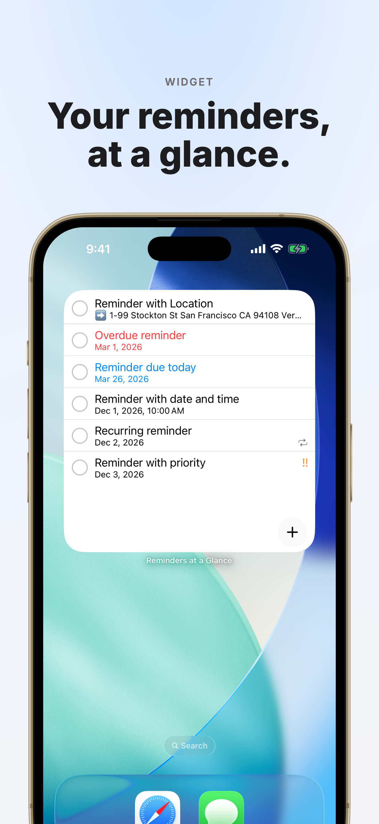 Reminders at a Glance widget on home screen