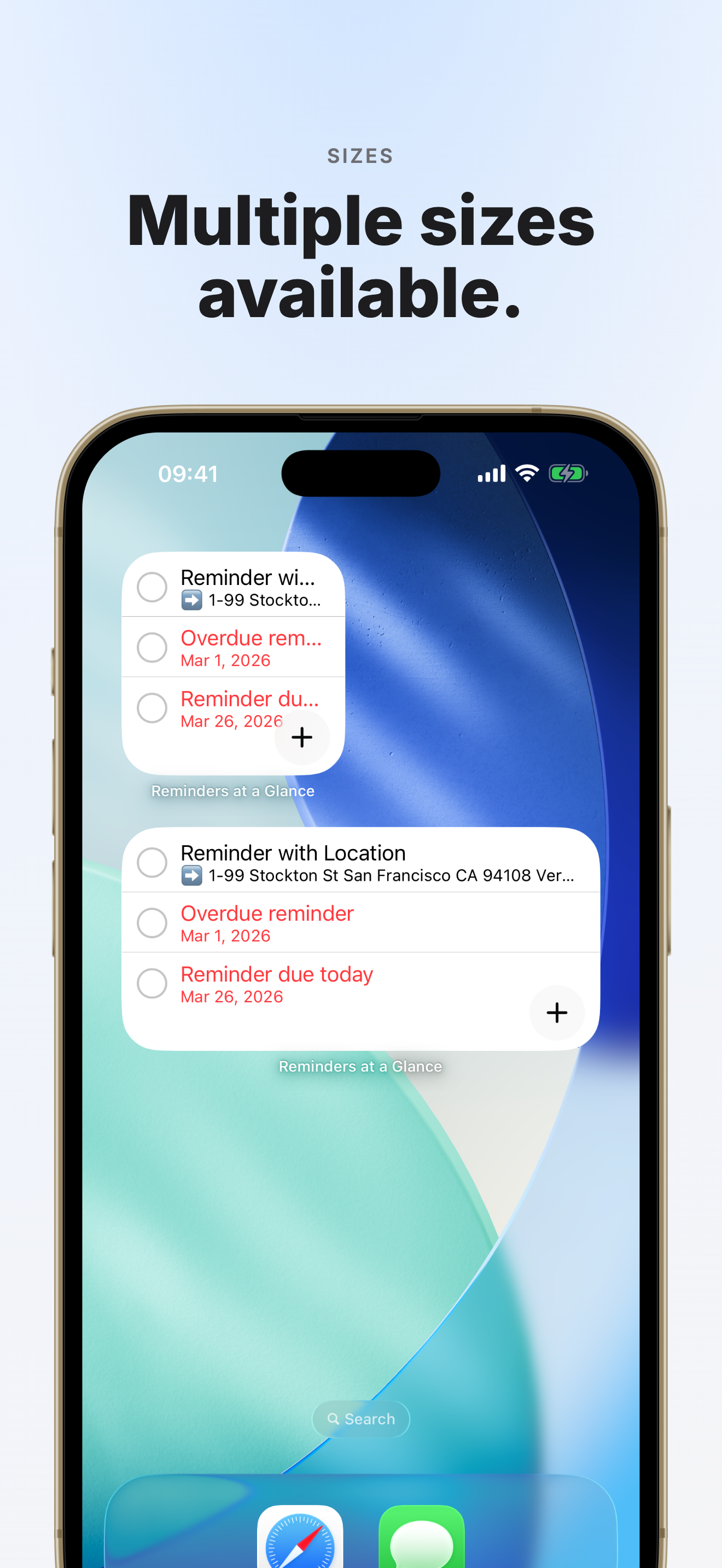 Available widget sizes